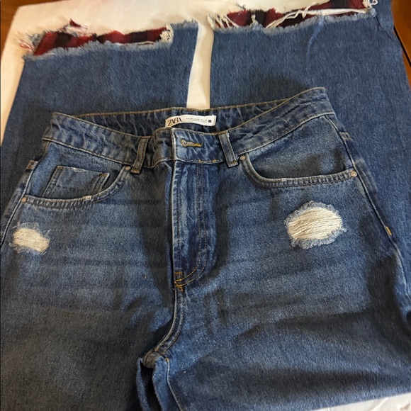 Zara  crop wide leg Blue Denim  distressed Jeans - Picture 3 of 10